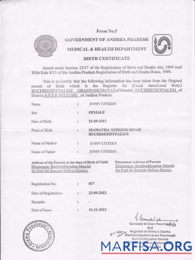 Printable India Medical & Health department of government of Andhra Pradesh birth certificate download for verification